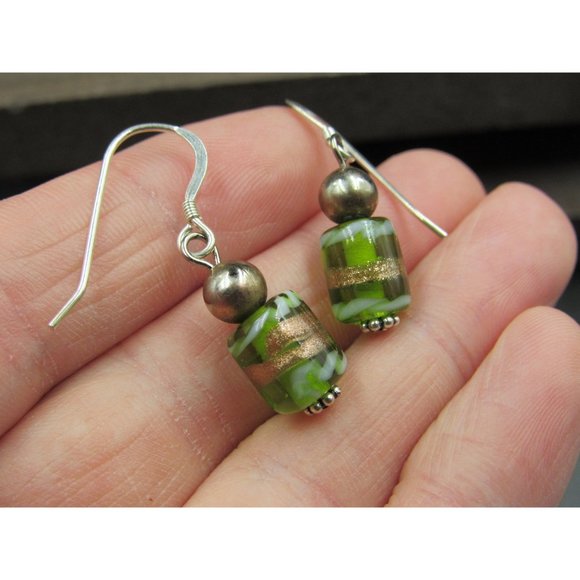 Sterling Silver Handmade Green Cool Glass Earrings - Picture 2 of 4